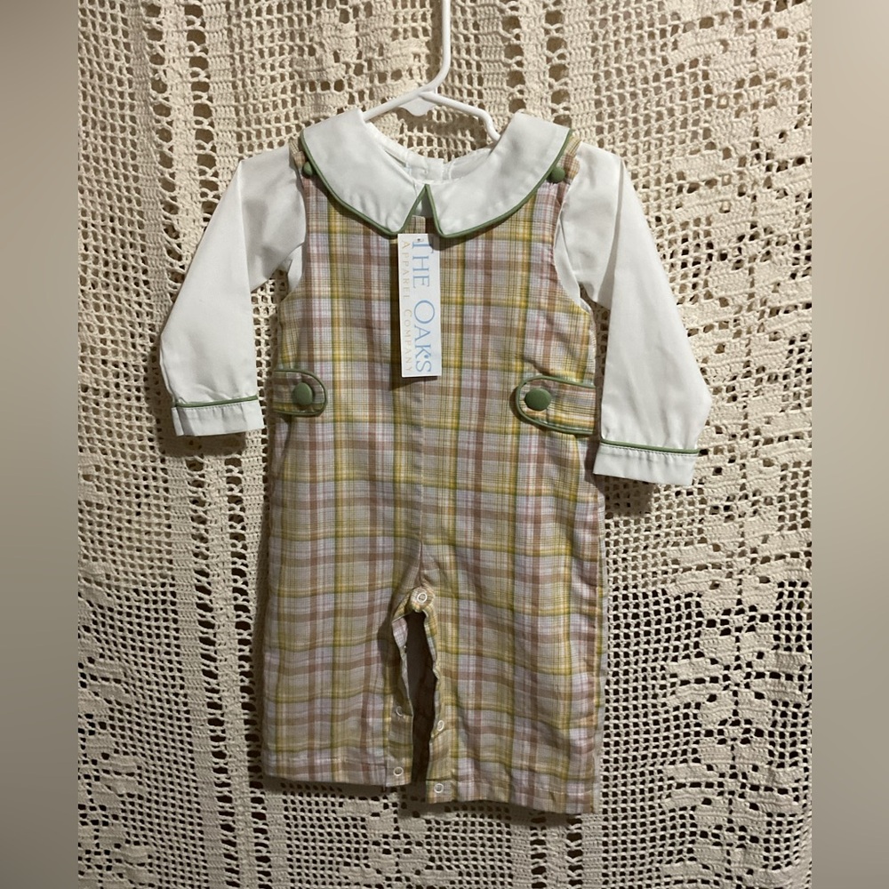 NWT The Oaks Apparel Lincoln harvest Fields plaid overalls, romper size 6 months